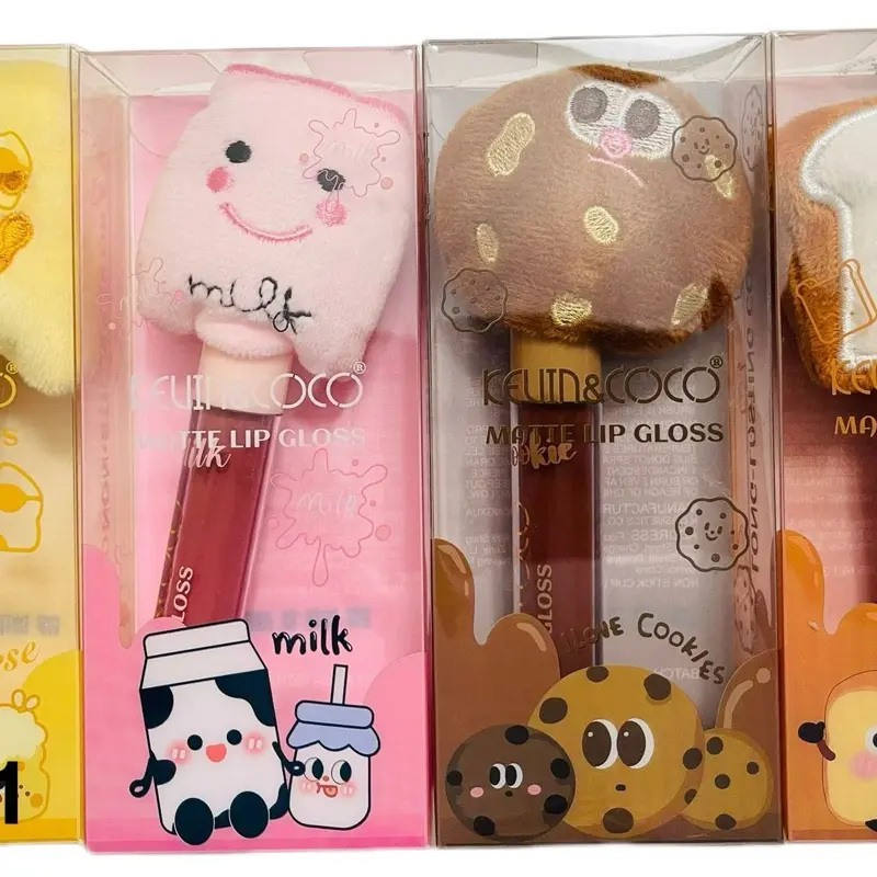 KELIN&COCO Non-Stick Cup Matte Lip Gloss 4 pc Set Mix Colors Choose Set #1 or Set#2 Milk Cookies Design