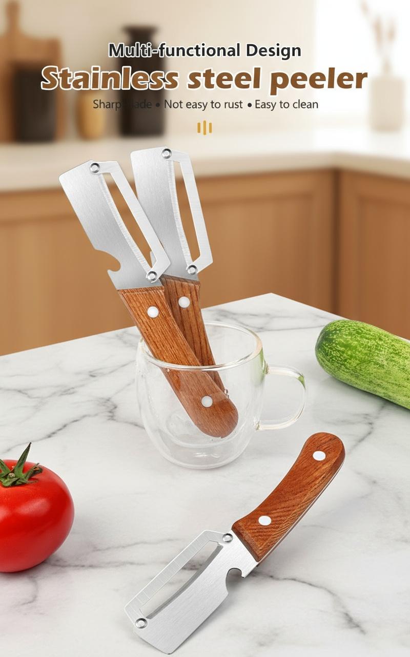 Wooden-Handled Stainless Steel Sharp Peeler with Built-In Bottle Opener for Fruits & Vegetables Ergonomic Non-Slip Handle Long-Lasting Construction Essential Kitchen Tool