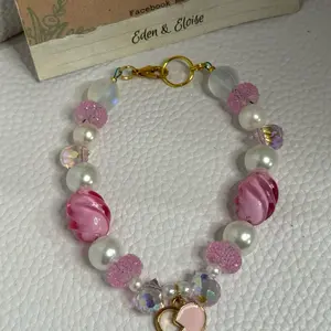 Handmade Pink Heart Charm Bracelet with Pink and White Beads