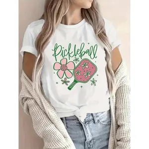 Casual Summer Pickleball Graphic Tee with Soft Breathable Fabric Short Sleeves and Paddle Ball Design