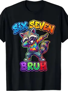 Kids/Youth "Six Seven Bruh" Dabbing Raccoon T-Shirt, Colorful Graffiti-Style Graphic Tee
