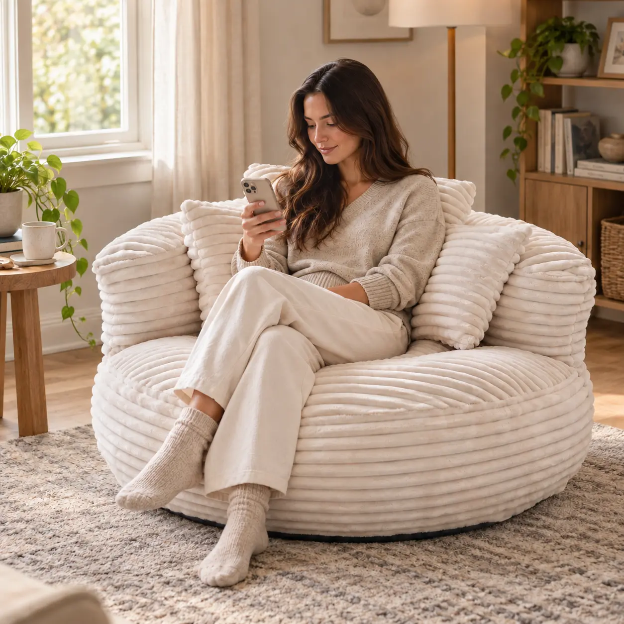 Casual Corduroy Lazy Sofa Chair - Boneless Beanbag Lounger with 3-Pillow Cushioning, Fixed Arms, Foam Filler, Deep Seat, Modern Indoor Sofas for Adults' Living Room, Apartment Furniture Decor