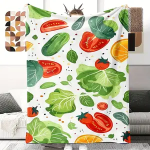 Tomato and coriander leaf vegetable flannel blanket - Super soft plush all-season bedspread, fresh tomato print, green/red/brown/beige, suitable for sofa, camping, travel - Machine washable comfortable cover blanket