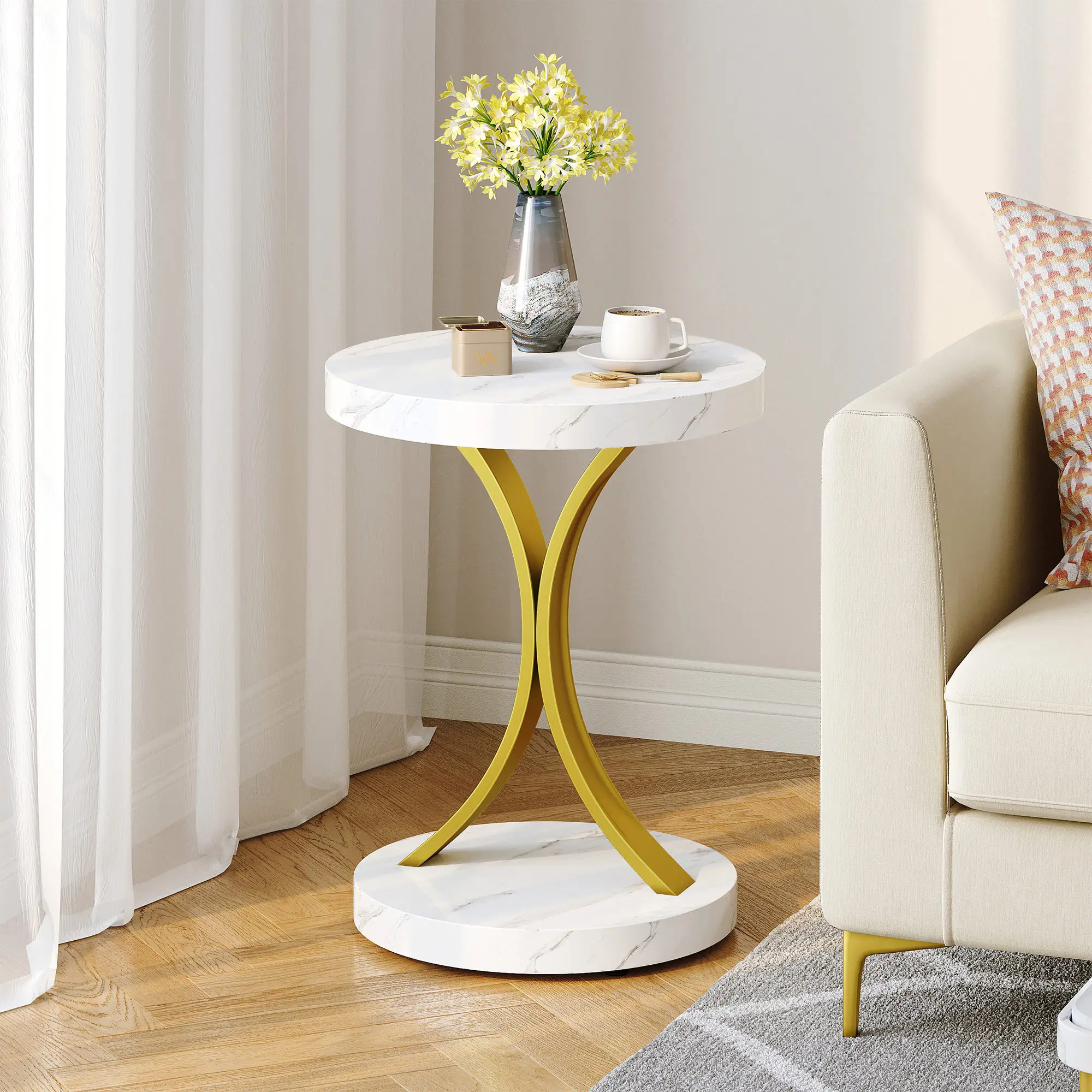 DWVO Round End Tables, Modern Gold Side Table with Metal Frame and Faux Marble Top, Small Accent Table Nightstand for Living Room, Faux Marble White