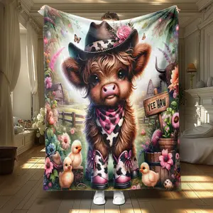 Cartoon Cow Print Soft Blanket, 1 Count Casual Soft Throw Blanket, Air-conditioned Room Blanket, Warm Nap Blanket for Home Office Travel Camping