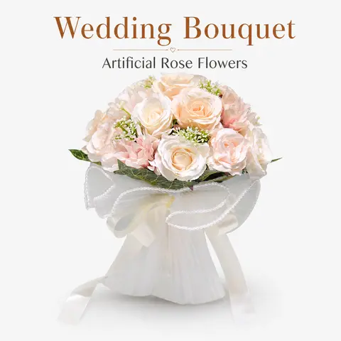 Faux Silk Multi-Color Rose Handheld Bridal Flower Bouquet - Champagne Blush Bridesmaid Arrangement with Pearl Trim, Organza Bow, Mixed Blooms Filler, 23x19cm, Wedding Outdoor Decor, Photo Prop