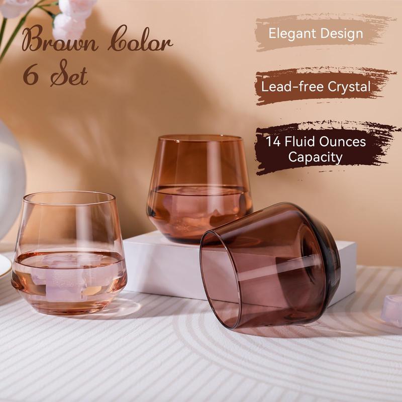 Venus Stemless Wine Glasses Set 6-14oz Amber Colored Wine Glasses Stemless, Brown Wine Glasses Set， otezla tumbler Drinkware