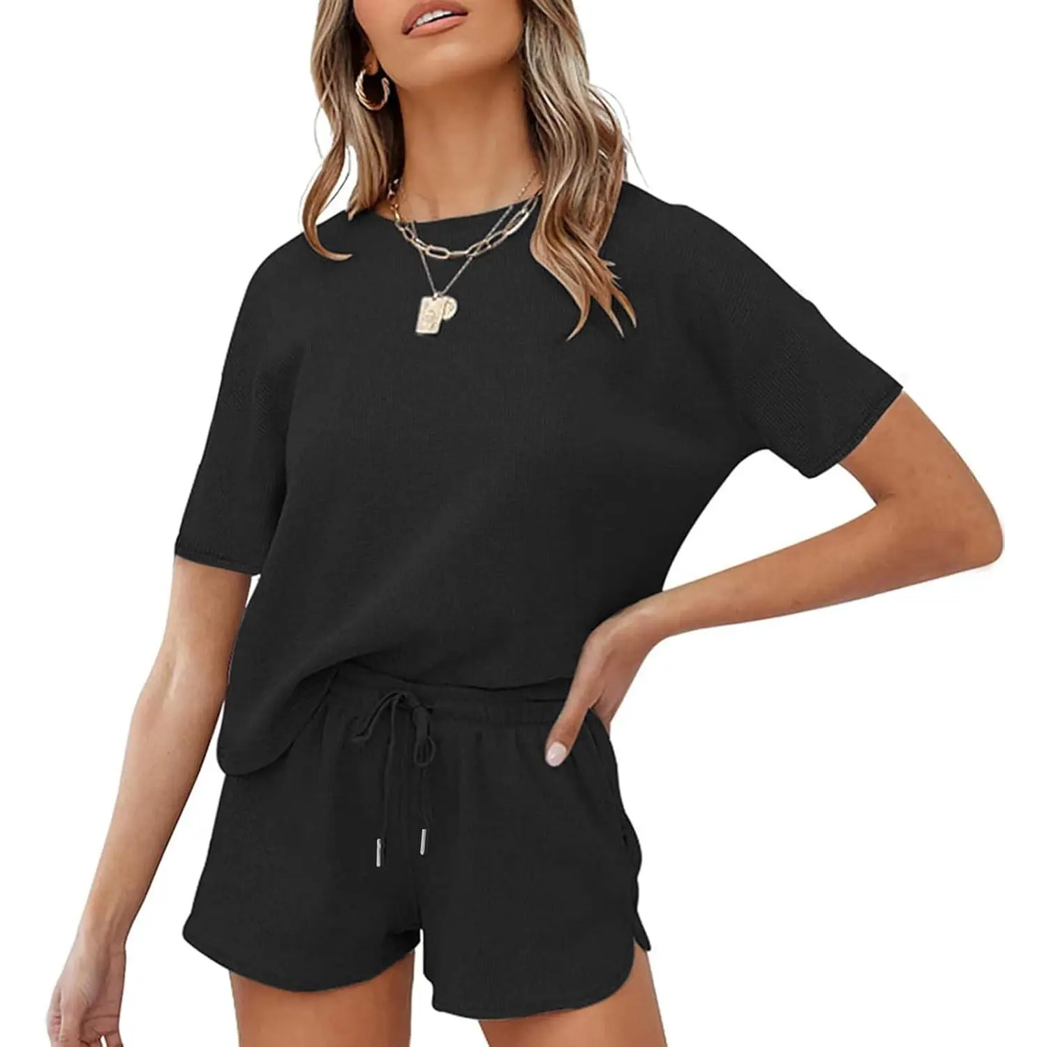 Women's 2-Piece Short Sleeve Waffle Pajama Set - Casual Lounge Top & Shorts, Comfortable Sleepwear Loungewear Outfits, Shortsleeve, Basic, Minimalist, Pyjamas, 2 Piece Set, Waffle Knit, Two-Piece