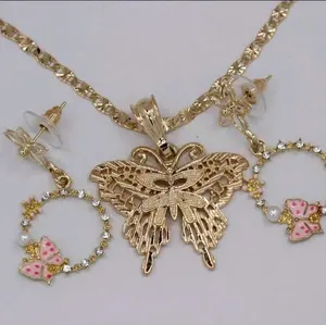 BUTTERFLIES fashion set regular chain style plain with earrings pink Gold-plated