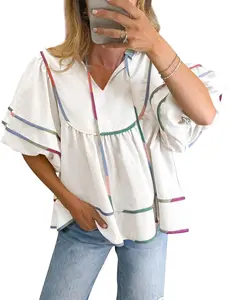 Womens Summer Babydoll Tops V Neck Short Lantern Sleeve Shirts Cute Loose Fit Peplum Flowy Blouses