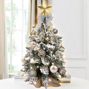 22in Mini Christmas Tree with Lights, Gold Artificial Small Tabletop Christmas Tree with Flocked Snow, Exquisite Decor & Xmas Decorations for Table Top for Home & Office