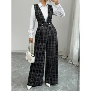 Elegant women’s pearl-button wide-leg jumpsuit, casual commuter romper with pockets—perfect for dates, romantic occasions, and everyday wear