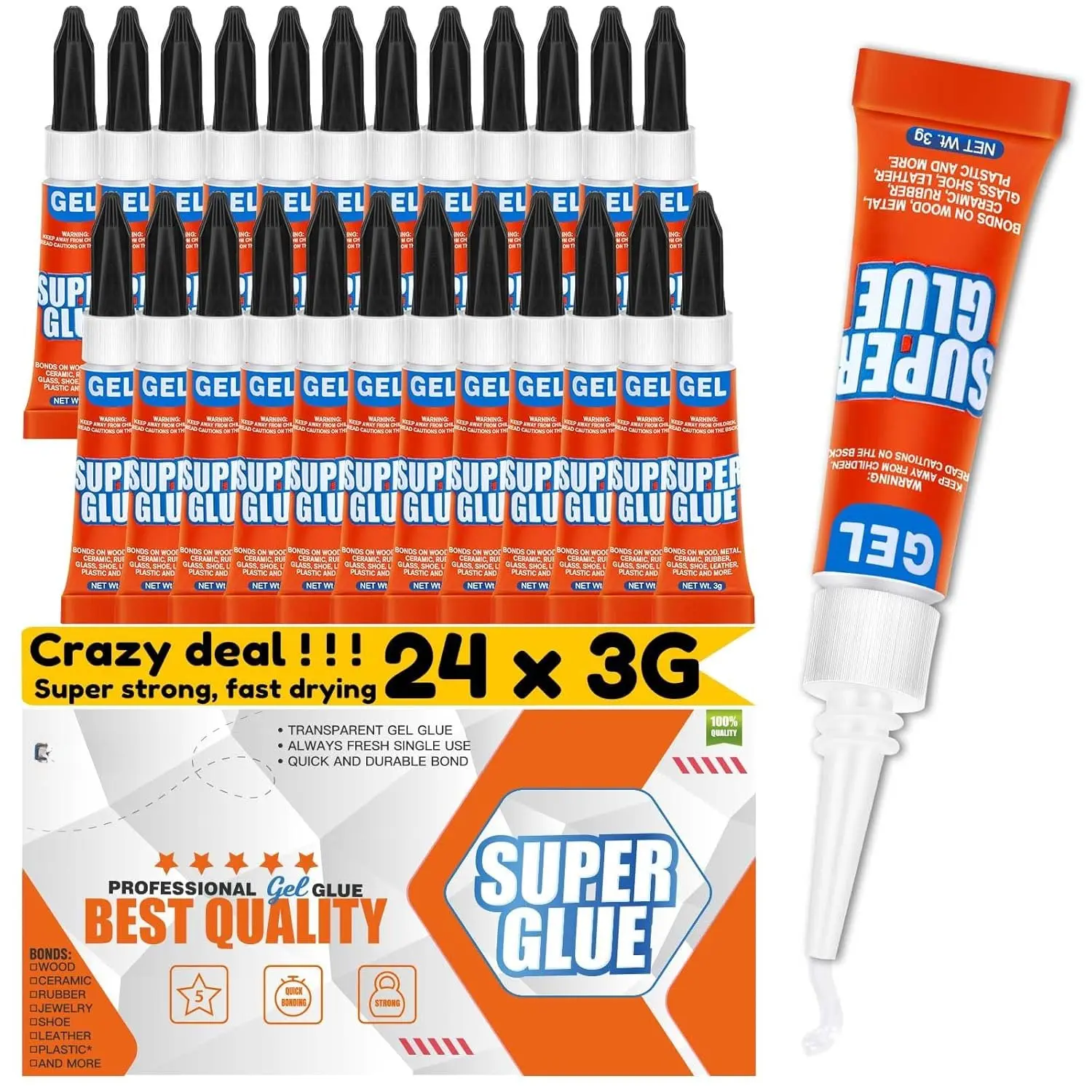 Super Glue Gel Clear Non-Drip, 24 X 3g  Purpose  Adhesive Ca Glue Quick Dry  Glue for Plastic, Metal, Ceramic, Shoe, , Leather, Model, Aquarium, Rhinestone,  and DIY Crafts