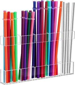 9.5" Large Acrylic Straw Holder for Cabinet Door, Space-Saving Straw Storage Dispenser with Ultra Sticky Adhesive, Adjustable Two-Part Straws Organizer for Kitchen Cupboard (Transparent)