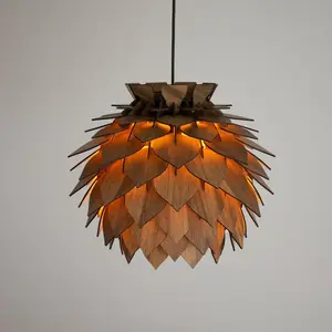 Wooden Pine Cone Modern Chandelier Lamp - Wood Pendant Light - Dining Room Lampshade - Pineapple Shape Luminaire - Round Ceiling Lighting