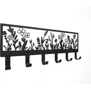 Floral Wall Mounted Coat Rack with 6 Hooks Decorative Black Metal Hanger for Coats, Hats, Bags, ,Towels - Ideal for Hallway, Bathroom, Kitchen, Office (15.55x5.98x1.22 Inches)