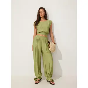 Cider Textured Boat Neck Cut Out Knotted Top & Mid Rise Jogger Pants Set
