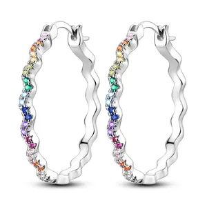 Rainbow Wavy Hoop Earrings 925 Sterling Silver, Ombre Rainbow, Wavy Edge Design For Colorful Jewelry, Pride/Birthday/Party Gifts Daily Wear Women's Earrings