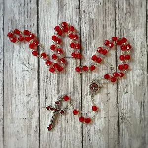 Holy Ghost Rosary Red Czech Crystal Bead with Detailed Cross and Elegant Design for Devotional Use