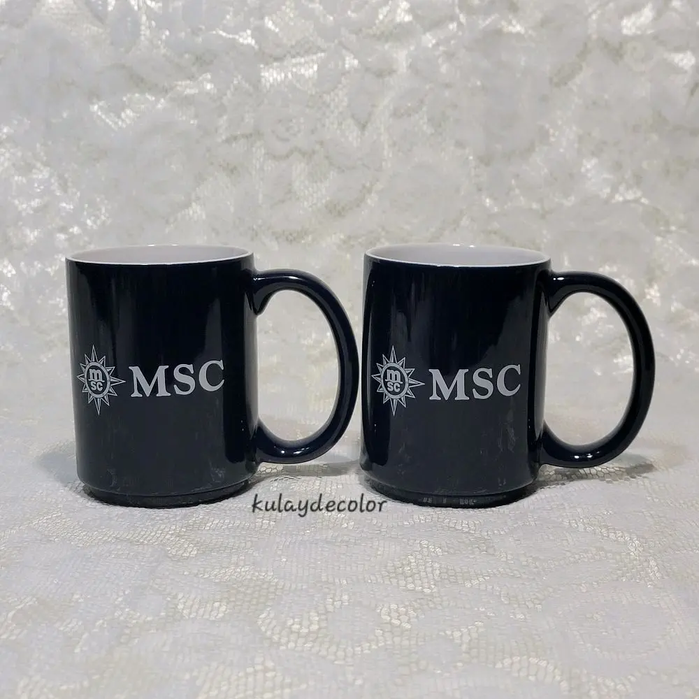Set of 2 MSC Cruises Logo Coffee Mugs Navy Blue Ceramic Stackable Souvenir Cups  Reusable Drinkware