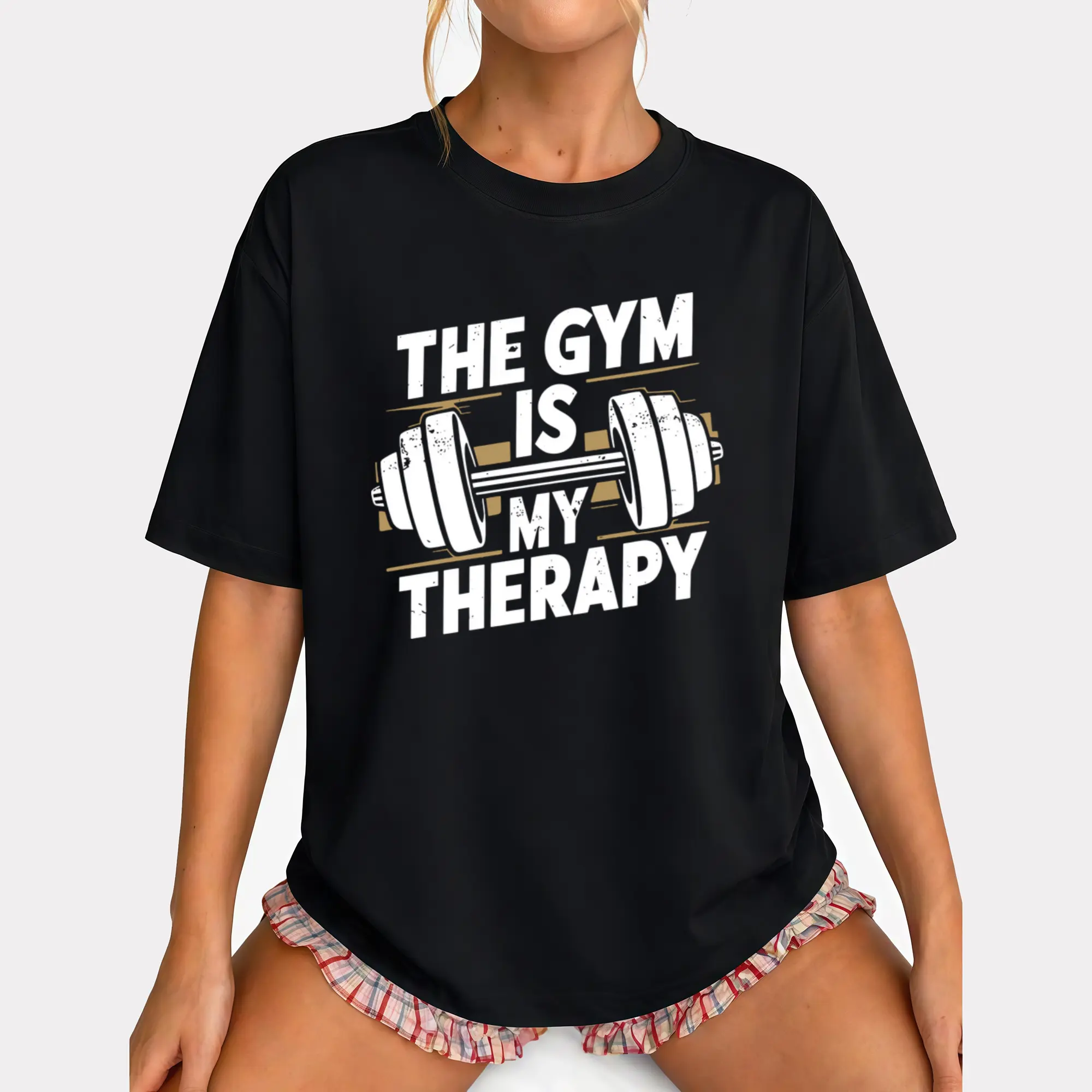 Funny Gym Shirts for Women Workout Weight Lifting Tshirts Weightlifting Graphic Oversized Gym is My Therapy Tee Tops