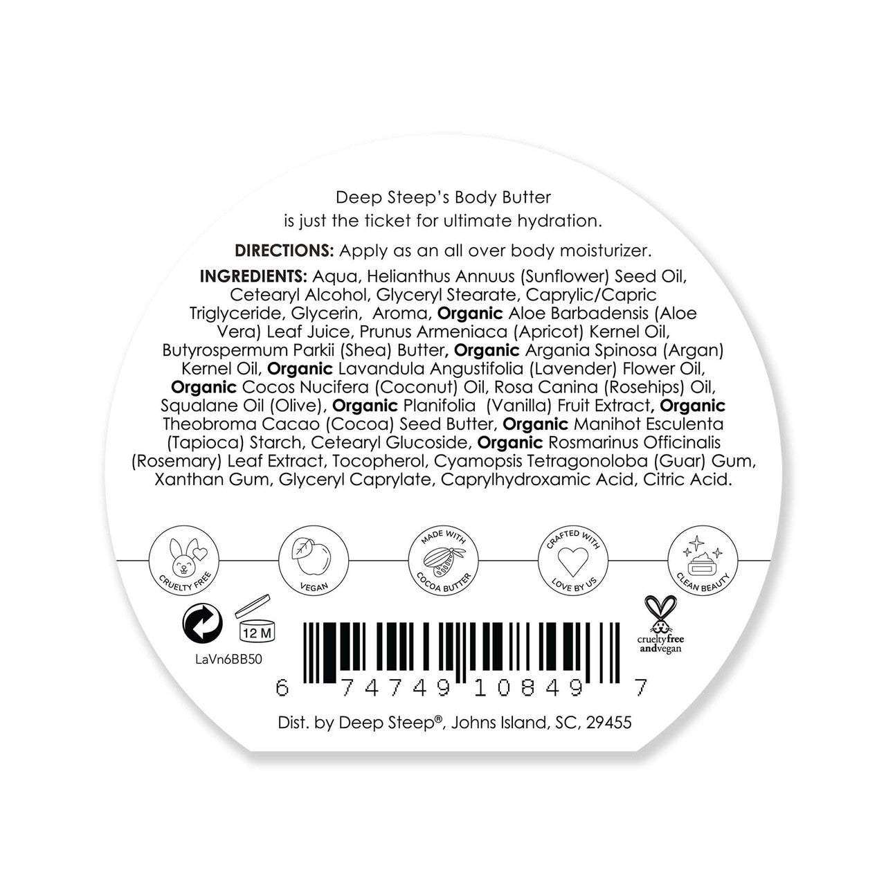 Lavender Vanilla Body Butter - Coconut, Flower, Sunflower & Aloe Vera - Calming Formula for Skin Care