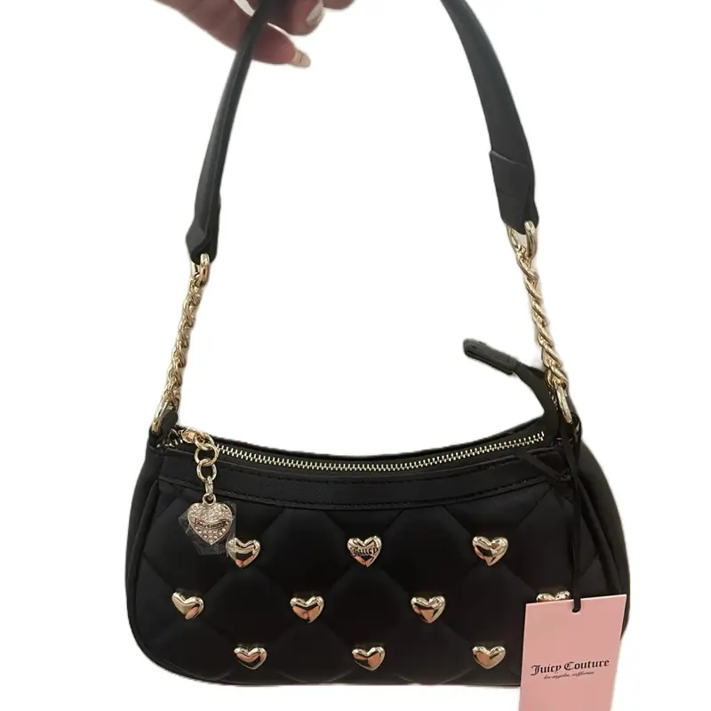 Juicy Couture Black Quilted Heart Shoulder Bag, Gold Chain Accent, Gold Charm Accessory