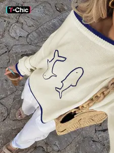 Round Neck Colorblock Loose-Fit Sweater with Double Fish Embroidery, Casual Long Sleeve Knit Top for Fall & Winter, Knit Pullover Top, Versatile Women's Apparel