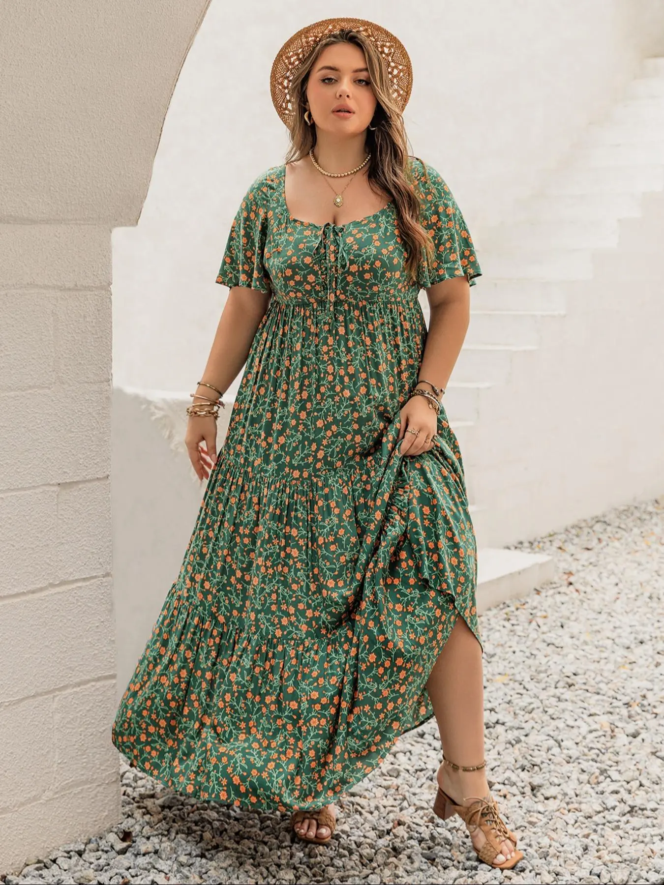 Women's Boho Floral Print Vacation Dress – Sleeveless A-Line Swing Dress With Belted Waist, Perfect For Beach & Parties Boho Floral Vacation Dress Women