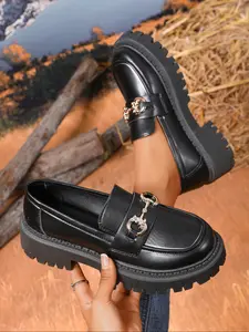 Women's Metal Loafers, Flat Shoe, Decorative Buckle Design, Comfortable Round Toe, Casual & Formal Wear All Seasons