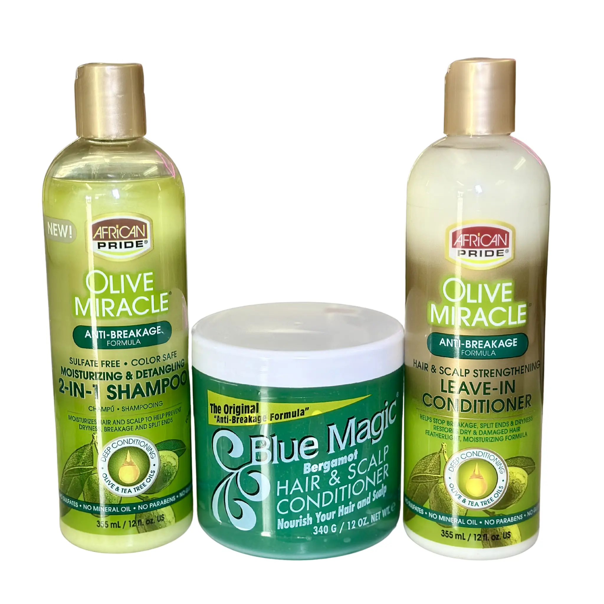 Wash Day Essential Bundle #2 (African Pride Olive Miracle 2-IN-1 Shampoo 12fl.Oz + African Pride Olive Miracle Leave-In Conditioner 12fl.Oz + Blue Magic Bergamot Hair & Scalp Grease 12Oz)