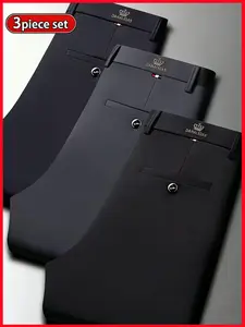 3-pieces Men's Loose Straight Leg Elastic Formal Pants, All Seasons, Anti-Wrinkle Comfortable Business Trousers, Casual and Work Wear, Casual Fit Bottoms