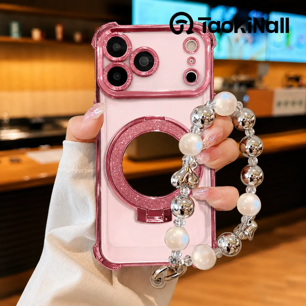 TAOKINALL iphone 17 pro max cases girls with Mirror & Stand for iPhone 17 ProMax/ Pro/ Air. Features a pink chrome alloy frame, high-definition transparent material, reinforced corner protection, and full-body drop-resistant design Travel Phone Cover