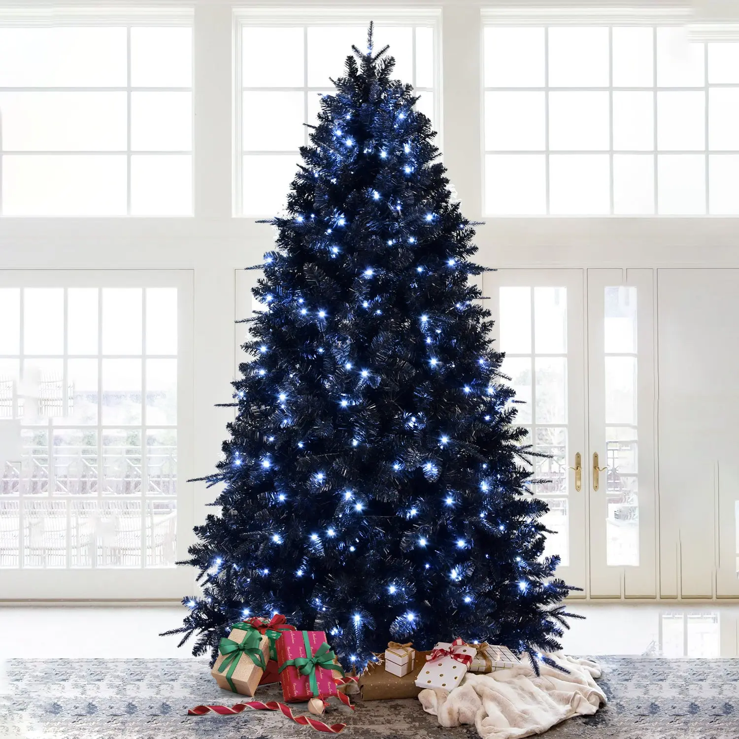 Prelit Black Christmas Tree With White Lights - PE And PVC Branch Tips Hinged Branches On Metal Stand For Holiday Decor