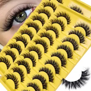 Natural Fluffy False Eyelashes, Wispy Lashes, 3D Volume Strip Lashes, D Curl Fake Eyelashes with Clear Band, 20 Pairs/2 Pack