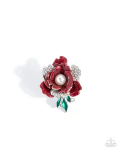 Petaled Wonder - Red Flower White Pearl Silver Ring - Paparazzi