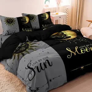3-piece set Bedroom Bedding Set of sun and moon themed letter printed down duvet cover (1 * duvet cover+2 * pillowcase, 90g polyester fiber) unfilled
