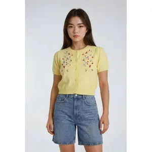 Floral Embroidered Puff-Sleeve Cardigan