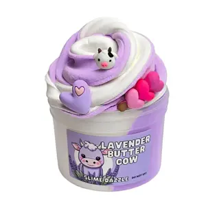 Lavender Butter Slime – Purple & White Butter Slime with Lavender Vanilla Scent, Cow & Heart Charms – Beginner Friendly Creamy Texture