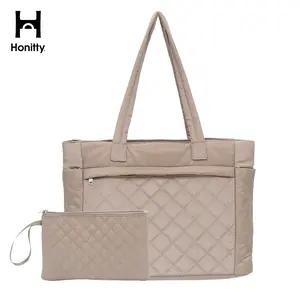 HONITTY Tote Bag for Women, Practical Laptop Bag, Large Quilted Work Shoulder Bag Ultra Lightweight Puffer Handbag for Travel