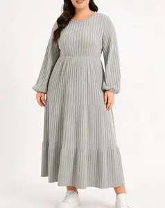 Women's Plus-Size A-Line Knitted Dress, Long Sleeve Round-Neck Multi-Layered Hem Mid-Length Ribbed Fabric Balloon Skirt, Suitable for Autumn-Winter Sports & Outdoor Wear