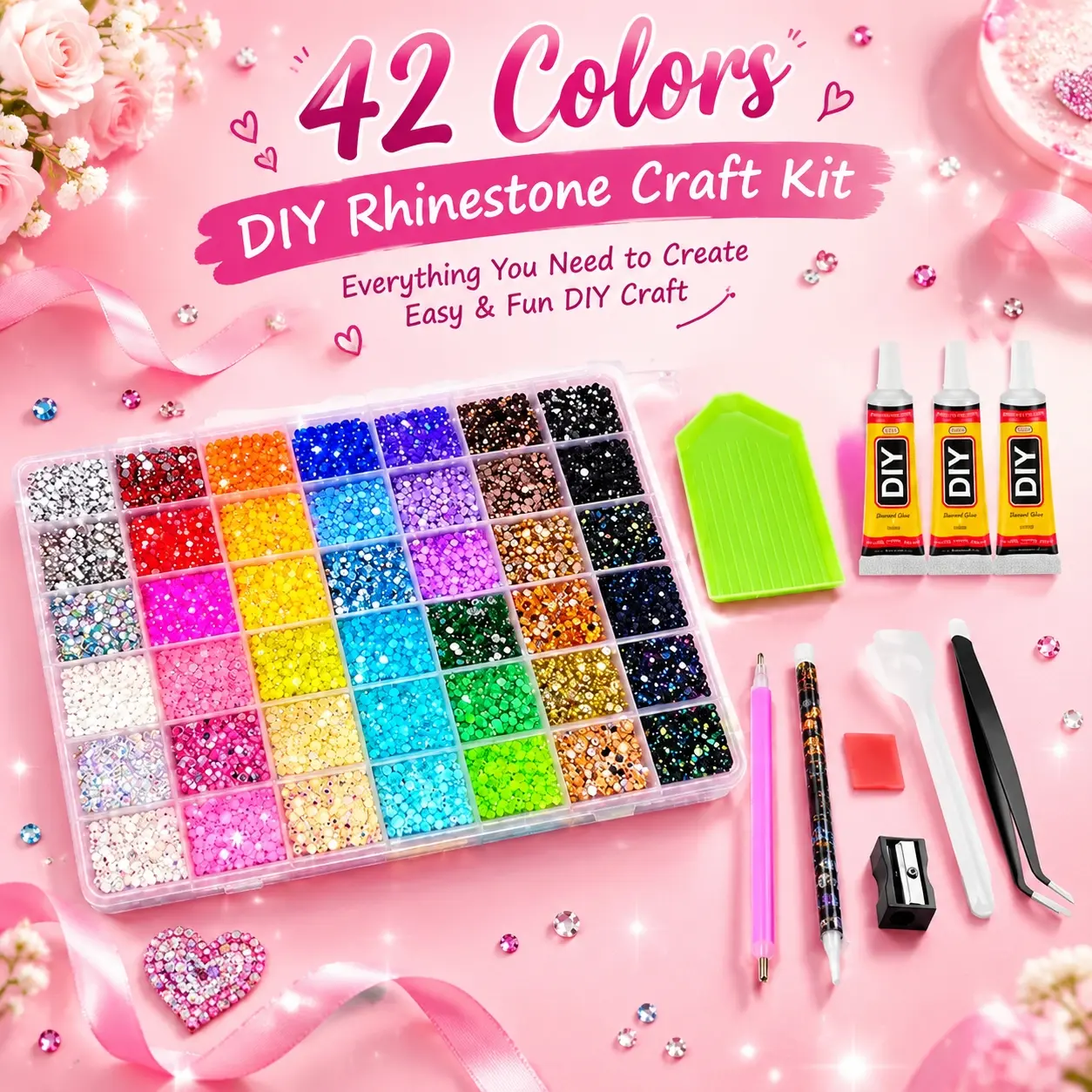 42,000Pcs 42 Colors 3mm Flatback Rhinestones, DIY Bedazzling Kit with Tweezers, Wax Pencil & Storage Box, Sparkly Gems for Nail Art, Crafts, Clothing & DIY Projects