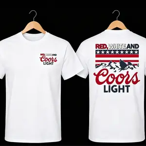 Red White & Coors Light Mountain USA Flag Graphic Tee 4th of July Independence Day Patriotic Unisex T-Shirt American Flag Mountain Print Casual Summer Outfit USA Holiday Beer Lover Short Sleeve Top Streetwear