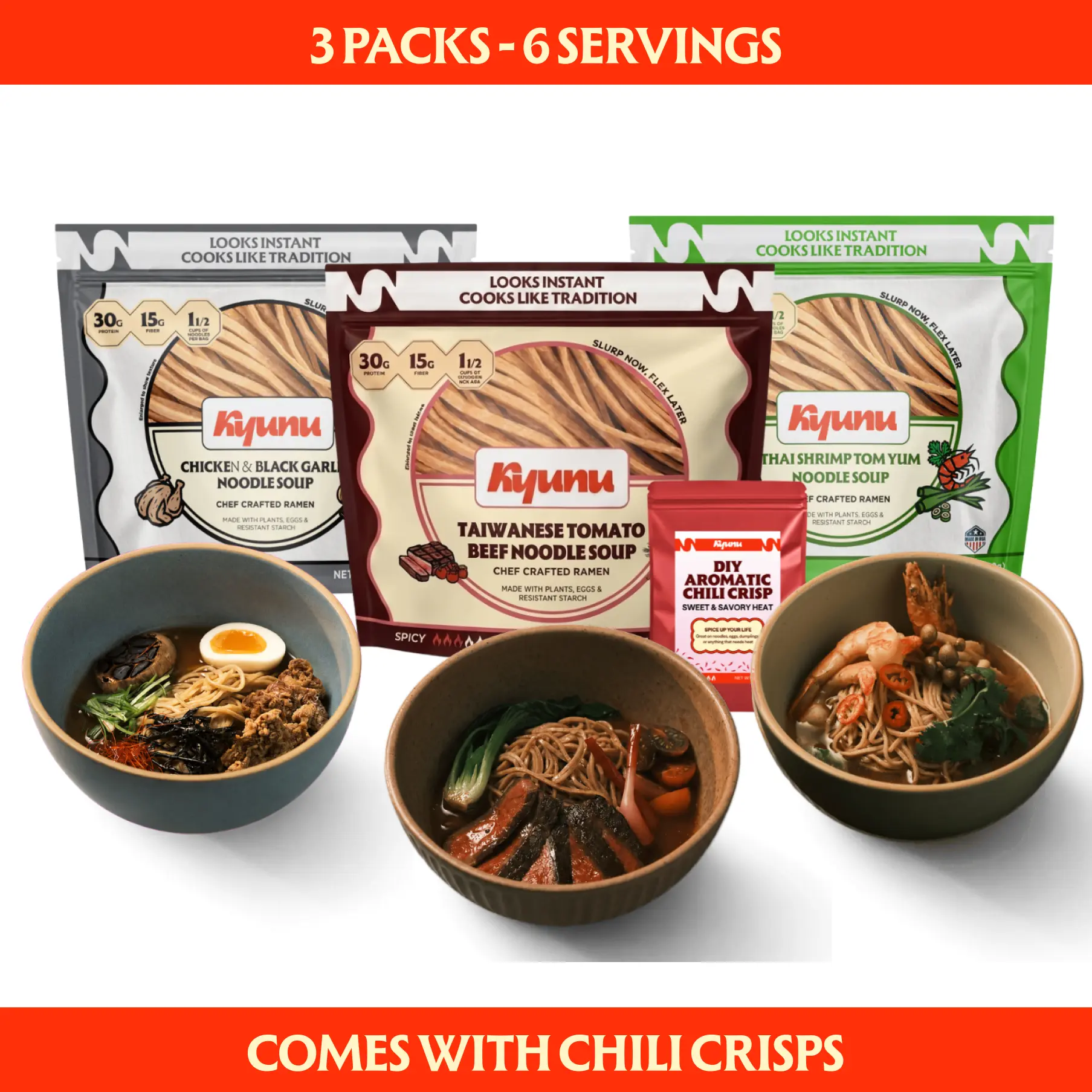 KYUNU Chef Crafted Chuka Soba Style Air Dried Ramen Noodles, Chef's Seasonal Trio, Chinese Egg Noodles, 30g Protein and 15g Fiber, Lower Carb Noodles