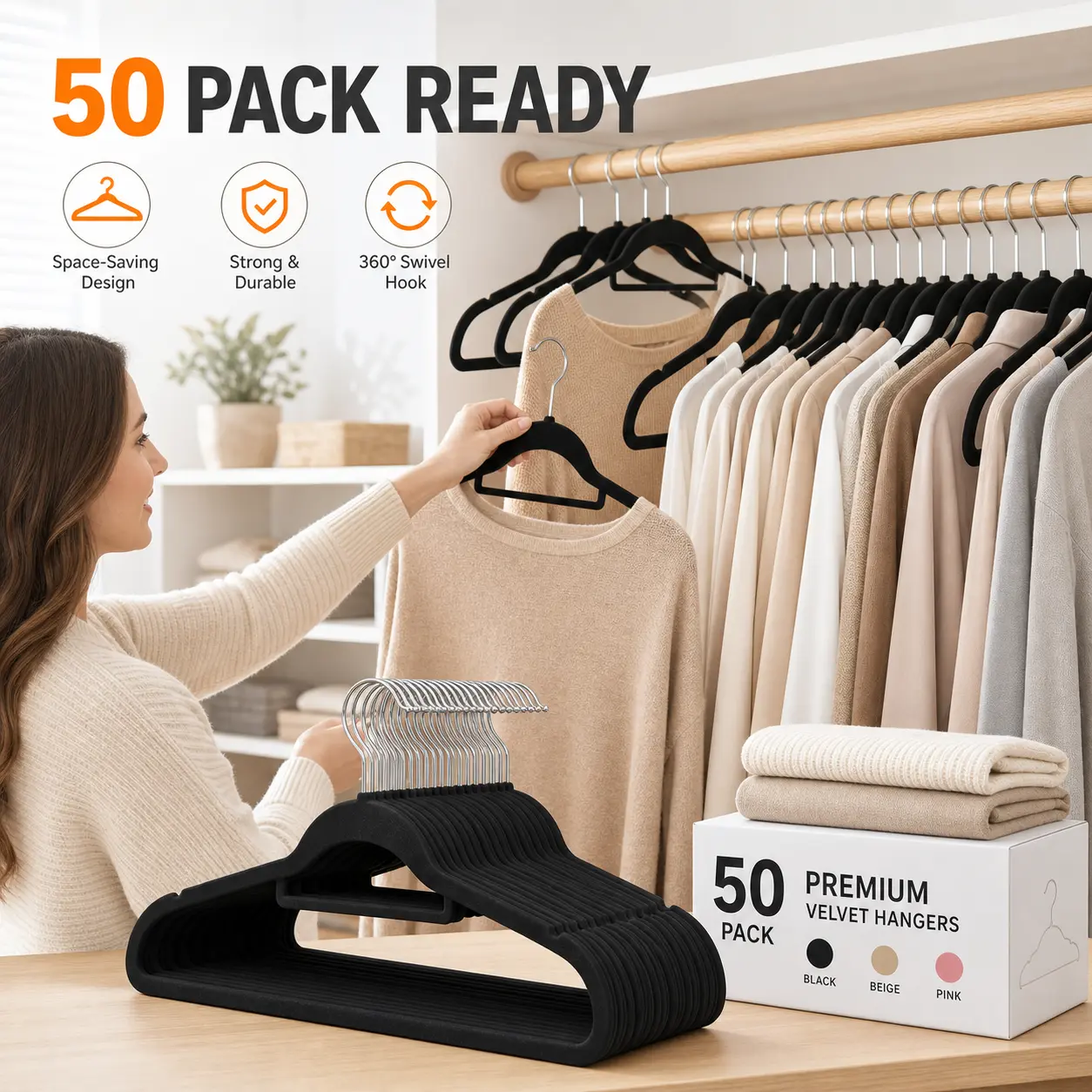 50/20/10pcs, Premium Velvet Non-slip Hanger with Tie Bar, 360° Swivel Hook, Space-saving, Durable, Suitable for Indoor Storage, Outdoor Drying, Clothing Display, Standard Hanger, Wardrobe Storage, Organization And Storage Organiser