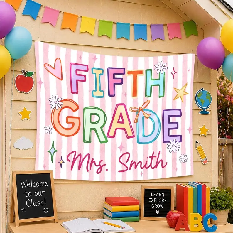 Custom Mrs Grade Classroom Tapestry, Personalized Classroom Backdrop, Back to School Banner