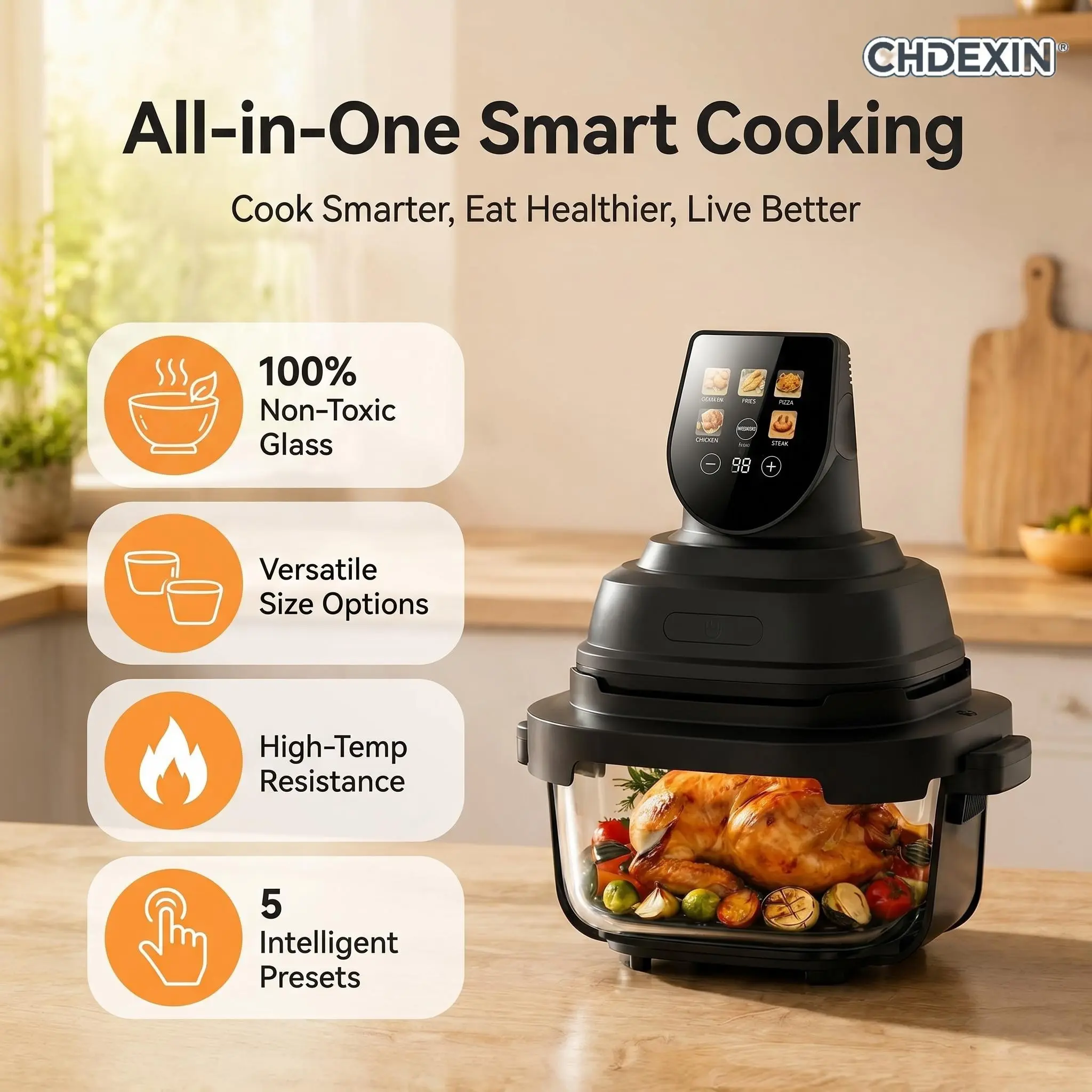 Transparent Glass Air Fryer - 4QT 5-in-1 Multi-Cooker for Family Camping, 1500W High Power Cooking, BPA-Free, Dishwasher Safe Easy Clean, 360° Visual Experience, 100% Non-Toxic Cooking, Oil Reduction, Dual-Pot Convenience for Healthy Eating