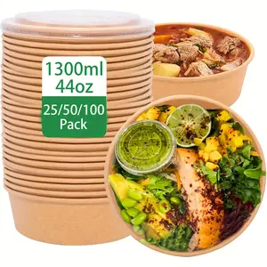 44Oz/1300Ml 25/50/100 Pack Large Paper Bowls with Lids, Disposable Meal Prep Containers Heavy Duty, Microwave Freezer Safe, Disposable Soup Salad Ramen Serving Bowls Bulk, To Go Food Containers for Hot/Cold Food, Party Supplies for Christmas, Halloween
