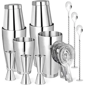 Professional Bartender Kit 15 Pcs Stainless Steel Cocktail Shaker Set with 18oz & 28oz Tins, Double Jiggers, Strainer, and Bar Spoon for Beginners and Professionals