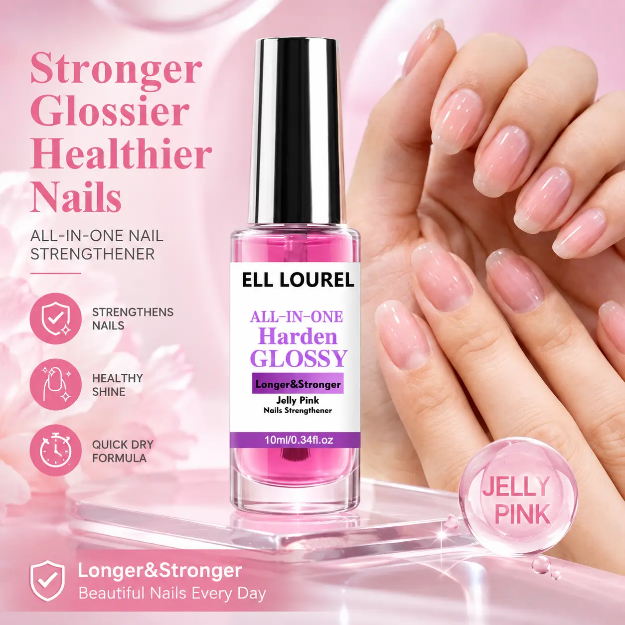 ELL LOUREL Jelly Powder Nail Strengthener - Gentle, Oil-Free, Alcohol-Free, Keratin-Rich, Vitamin-Enriched Treatment, Easy to Apply, No UV Lamp Needed, Quick Absorption, Glossy Shine for Daily Office Minimalist Prep, Boosts Stronger Nails